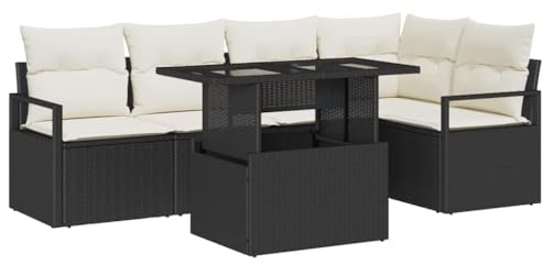 vidaXL 6-teiliges Garten-Sofaset mit Kissen in Schwarz und Creme aus Poly Rattan | Modulare Outdoor-Sitzgruppe, bequem und wetterfest, inklusive Loungesofatisch für Terrasse und Patio
