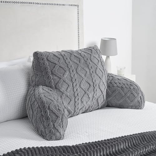 OHS Kuschelkissen für Erwachsene, Lesekissen für Bett, Sofa, super weich, gemütlich, Zopfmuster, Rückenstützkissen mit Armen, Gaming-Kissen zum Entspannen, bequem, Grau