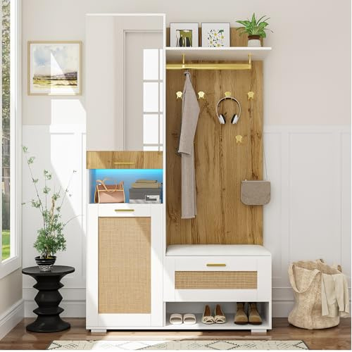 LAKFEW Garderobe mit Sitzbank und LED-Beleuchtung, Flurgarderobe mit Oberem Stauraumfach und Spiegel, Garderobenschrank Flur mit 5 Goldenen Kleiderhaken, Flur Möbel, 110x38x190 cm