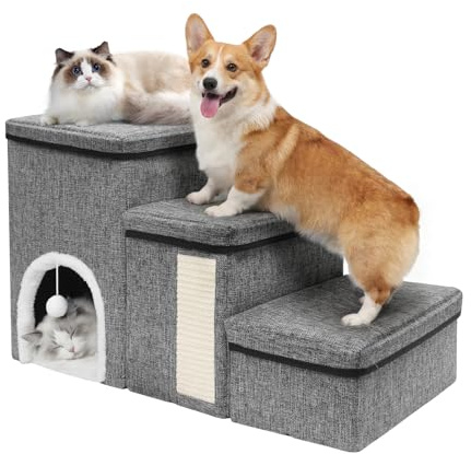 Newthinking Escalera para Perros 3 Niveles, Plegable con Almacenamiento, Antideslizante para Sofá y Cama, para Gatos y Perros Mayores, 20 kg