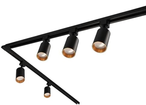 EDO - SEVA Schienensystem Komplettset Rail - Schienenset Schwarz – 1-phasige Schiene 1.9m +0.9m+ 5x Schienenstrahler NALGA Tc GU10 Black Gold +Netzteil 230V +Endkappe +Verbinder, Schienenbeleuchtung