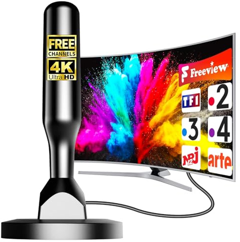 Antenne TV Intérieure Puissante 2026, Base Magnétique, Réception 360° Longue Portée, Accès aux Chaînes TNT Locales Gratuites, Compatible 4K 1080p Full HD HDTV, Câble 16.5ft