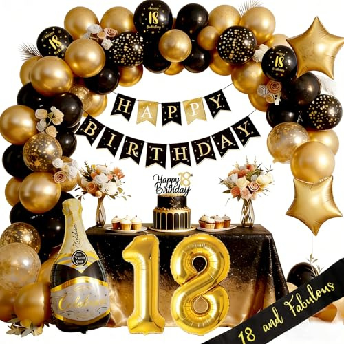 Deko 18 Geburtstag, Geburtstagsdeko 18, Schwarz Gold Deko mit Happy Birthday Girlande, Luftballon 18 Männer Frauen Geburtstag Dekorationen