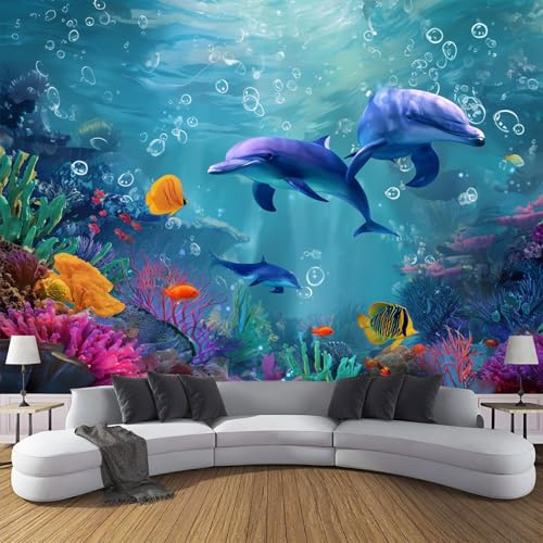 3D-Delfin-Korallenriff Seide Fototapete 200x140cm, Unterwasser-Ozeanlandschaft 3D Effekt Wandbilder Wand Dekoration Für Wohnzimmer Schlafzimmer TV Hintergrund, Blau