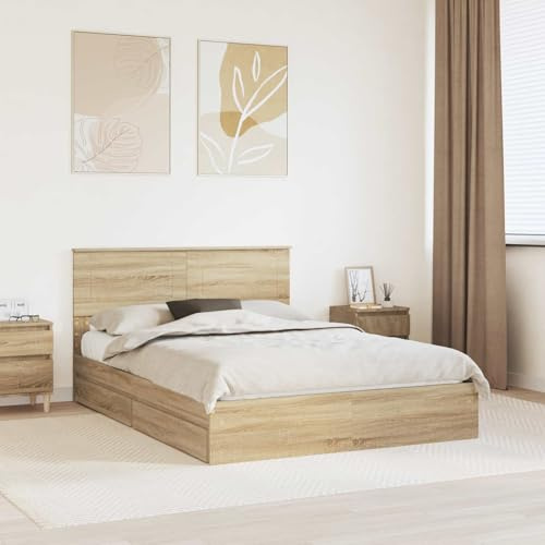 Ziaphsol Sonoma-Eiche Stauraumbett 140x200 cm, Holzwerkstoff Doppelbett mit Schubladen, modernes Schlafzimmer Möbel, langlebig, einfache Montage