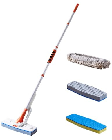 Magic Sponge Eraser Mop, 56 Adjustable Handle, 10 Flexible Flat Mop Head | Water Squeezer,Melamine Sponge Pads,Washable Microfiber Pad,Multi-Surface Scrubbing Pad
