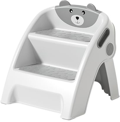 Foldable Step Stool for Bathroom Sink, Adjustable 2 Step Stool for Kids Toilet Potty Training Stool with Handles, Child Kitchen Counter Stool Helper, Plastic Ladder for Toddlers (Gray)