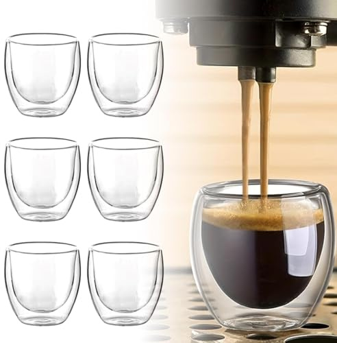 JASOLYI 6pcs Espresso Cups,Double Walled Espresso Cups 2.7oz,Clear Expresso Coffee Mugs,80ml Latte Glass Caffee Cup,Anti-Scald Glasses Coffee Mugs for Cappuccino Cocoa Milk Cafe Juice Tea Dessert