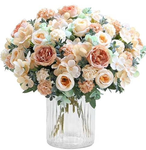 2 Bunches Roses Peonies Artificial Flowers, Pink Artificial Roses Peonies, Silk Peonies Flowers Hydrangea Bouquet for Centerpiece Table Wedding Party Home Decor (Champagne)