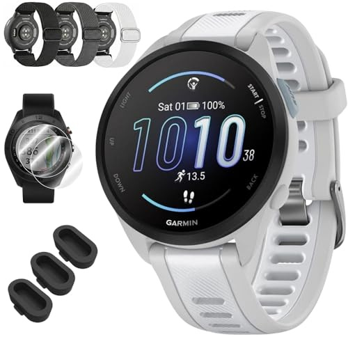 Garmin Forerunner 165 Smart Sport Watch, Mist Gray + Whitestone 010-02863-21 Bundle with Deco Essentials 3X Nylon Elastic Bands, 3X Silicone Dust Cover and 2X Screen Protector