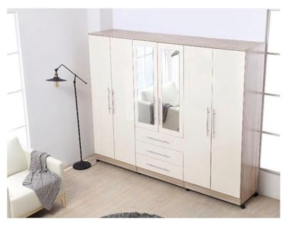 UNIQUE FURNISHINGS LTD High Gloss White 6 Door Wardrobe with 3 Drawers & Full Length Mirror - Large Modern Bedroom Storage Closet