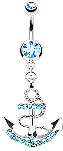 Piersando Bauchnabelpiercing Bauch Banane Piercing Stecker Gebogen Kristall mit Anker Anchor Anhänger Aqua