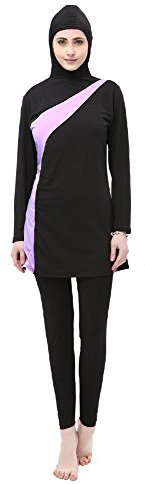 BOZEVON Muslimischen Badeanzug - Muslim Islamischen Bescheidene Badebekleidung Modest Swimwear Beachwear Burkini für Damen, Schwarz+Violett, L