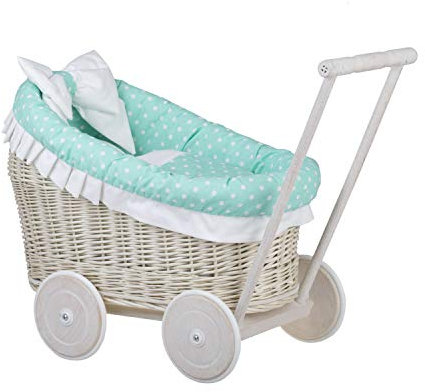 e-wicker24 Alles aus Weide Puppenwagen aus Weide mit Bettwäsche perfekte Geschenkidee Korbpuppenwagen schöner Spielzeug aus Korbgeflecht Korbwagen für Puppen Spielzeug für Mädchen (Creme, Mint)