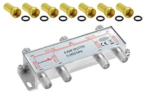 Poppstar Répartiteur coupleur d'antenne 6 Sorties, Fiche F inclue (analogique/numérique/large-bande/unicable/HD/4K Compatible) pour TV,Antenne TNT,Satellite,Câble,TV,Radio,LNB - 100dB, 5-2450 MHz