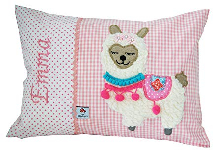 Glückspilz Namenskissen Babykissen I Lama Alpaka I mit Namen personalisiert I Geschenk zu Geburt, Taufe oder Geburtstag I Rosa (30 x 45 cm)