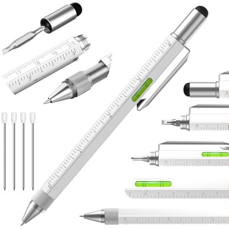 Huhoo Multi-tool Pen, 6-in-1 Gadget for Men, Silver Aluminum Handle for DIY, Father's Day, Birthdays