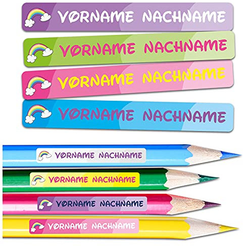 60 x Namensaufkleber Wunschname personalisiert je 4,5x0,6cm Aufkleber mit Kinder Name Beschriftung Schule Kindergarten Stifte Sticker (Nr. 29 Regenbogen, Für schmale Oberflächen)