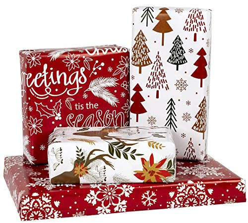 Holijolly Foglio Di Carta Da Regalo - Piegato Piatto - 4 Diversi Motivi Natalizi Rossi E Bianchi (2,8 Metri Quadrati) - 70X100 Cm Per Foglio