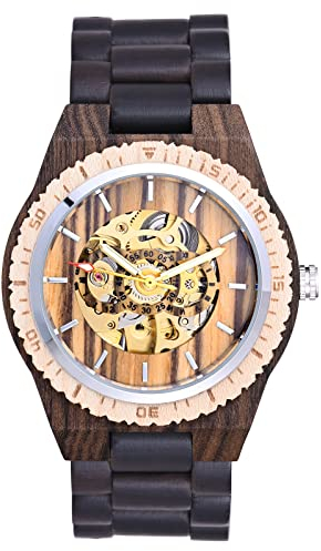 SUPBRO Holzuhren Herren Uhren Uhr Holz-Armbanduhr höhl Holz Uhr mechanisch Analog Japanisches Quarzwerk mit Holzarmband für Männer