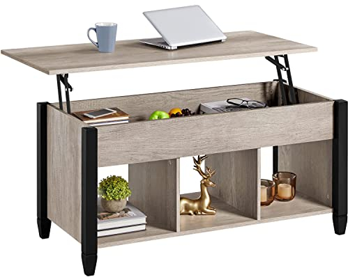 Yaheetech Table Basse Table de Salon Table élévatrice avec Plateau Relevable, Compartiments Ouverts, Pieds Réglables, Fonctionelle, en Bois MDF et Métal, Moderne, 104,5 x 49,5 x(49-63) cm Gris