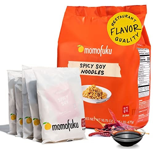 Momofuku Spicy Soy Ramen Noodles by David Chang, 5 Count (Pack of 1) Air-Dried Vegan Instant Noodles with 11g of Plant Based Protein