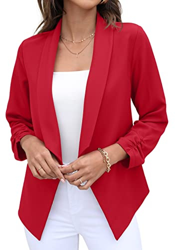 GRECERELLE Womens Blazer Suit Open Front Cardigan 3/4 Ruched Sleeve Casual Work Office Cropped Blazer Jacket for Ladies