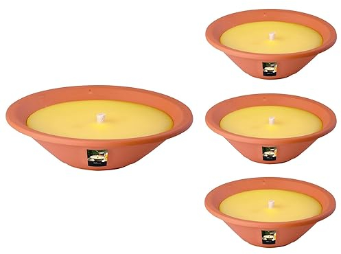 Lot de 4 bols de flamme citron citronnelle pour l'extérieur – Bougies d'extérieur en terre cuite – Pour votre jardin – Lot de 4 bols – moins de points par les moustiques – Durée de combustion 13 h –