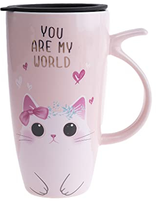 lachineuse – Taza de gato Kawaii Mignon 300 ml – Taza grande XXL rosa de porcelana – Taza japonesa de té y café – con tapa isotérmica – Taza ideal para regalo de Japón Asia – Taza gigante