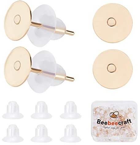 Beebeecraft 200 Stück/Box Cabochon Ohrringe Rohlinge 24 Karat Vergoldeter Edelstahl Blanker Ohrstecker Rohlinge Lünette Mit 200 Kunststoff Ohrmuttern Für Ohrstecker Schmuckherstellung (Tablett: 6 mm)