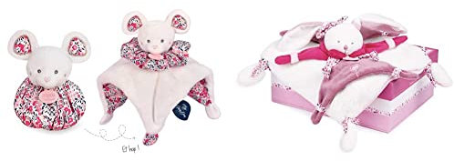 Doudou et Compagnie - Doudou Souris - Doudou boule - Blanc - 25 cm - DOUDOU BOULE - DC3932 & Doudou Lapin Rose - Doudou Plat Lapin Cerise - Cadeau De Naissance - Lapin Cerise - DC2703