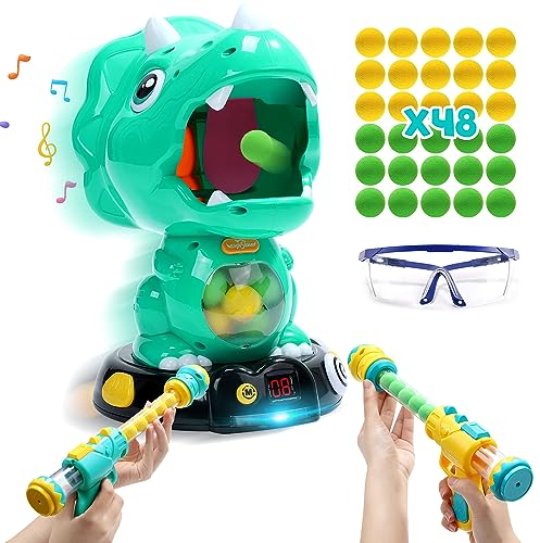 EagleStone Moveable Dinosaur Shooting Toys Triceratops Toys Kids Shooting Games Toys with LCD Score Record&LED, Hand-Eye Coordination Practice Toys Gift for Boys and Girls, Green, Medium