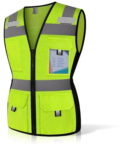 Uno Mejor Safety Vest for Women with 11 Pockets and Zipper, Mesh High Visibility Reflective Work Vest for Lady Surveyors/Workers/Drivers, Snug & Comfortable Fit, ANSI Compliant (U-Yellow, M)