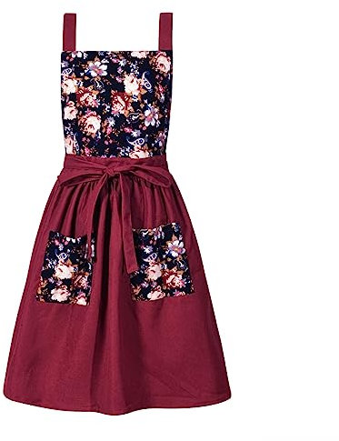 Pinknoke Delantal vintage para mujer con bolsillos, bonitos delantales florales de chef para cocina, hornear, jardinería, Burdeos, M