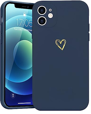 Wirvyuer for iPhone 12 Cute Heart Case for Women, Navy Blue | Skin-feel Soft Silicone, Love-Heart Pattern Design Phone Case, Shockproof Protective Slim TPU Bumper Cover for Girls