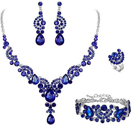 EVER FAITH 4 Stück Schmucksets für Damen Party Hochzeit Braut Strass Kristall floralen Welle Teardrop Halskette baumeln Ohrringe Armband Ring Set Royal Blau Silber-Ton