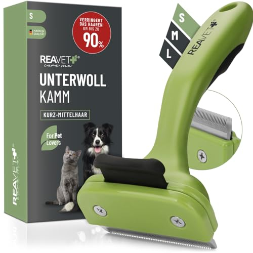 ReaVET Unterwollkamm für Hunde & Katzen Kurzhaar I Kleine Rassen I Entfernt Unterwolle, Pflegt das Deckhaar I mit Selbstreinigungsknopf I Katzen-Kamm Hunde-Kamm ideal zum Fellwechsel