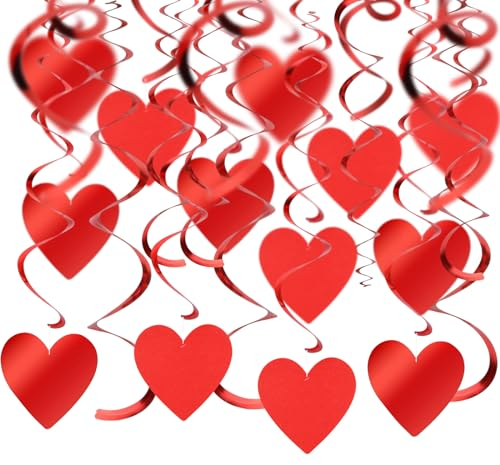 30 Stück Hängende Rotes Liebesherz Dekorationen, Rot Herz Wirbel Luftschlangen Ornament, Rote Herzdekoration mit Spirale Girlanden, Deckenbehänge für Valentinstag/Weihnachten/Hochzeit/Geburtstag Deko