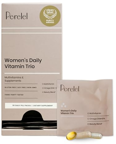 Perelel Womens Daily Vitamin Trio, Multivitamin, Omega 3 Dha + EPA, & Beauty Blend Supplements for Nutrient Support & Overall Wellness, Soy, Dairy & Gluten Free Non GMO Formula, 30 Daily Pill Packs