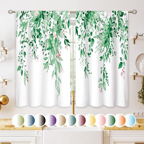 oolygoo Vorhänge, Smaragdgrün/Blaugrün, Eukalyptus, botanisches Motiv, Blätter, Florale Küchenfenstervorhänge, über der Spüle, Landhausstil, Blume, Frühling, kleine Fensterdekoration, Café, Kurze