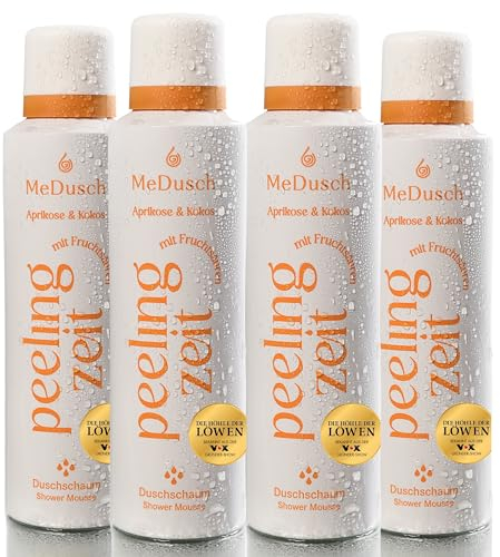 MeDusch Duschpeeling Duschschaum Peelingzeit (200ml) Aprikose und Kokos mit milder Frucht- und Milchsäure (AHA, BHA) im praktischen 4er-Set (unisex)- Körperpeeling, AHA BHA Peeling