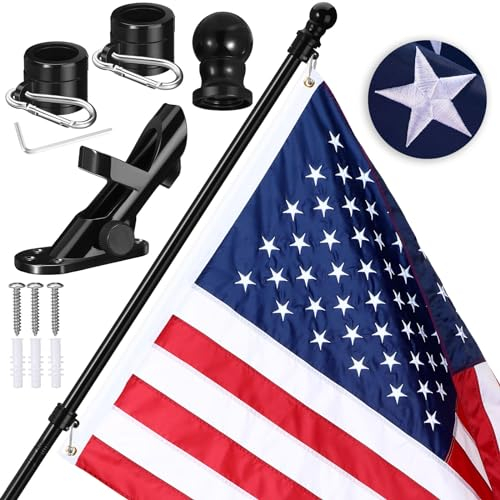 Remagr USA Flag Poles for Outside House Flag Pole Kit 5 ft Black Wingding Free Metal Flag Pole Kit with 3x5 Embroidered USA Flag for Residential Commercial Outdoors Garden Boat Truck