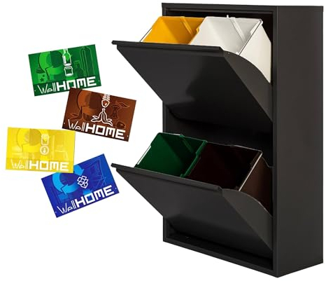 WELL HOME - Cubo de basura y reciclaje Metálico de 4 compartimentos + 4 etiquetas magnéticas, 4x17L (68L) Negro mate