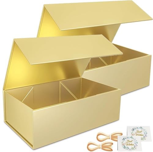 2 Pack Geschenkbox, 24x15x7.6cm Geschenkboxen für Presents with Lids Magnetic Closure Rectangle Collapsible for Groomsman Proposal Box, Christmas, Halloween, Birthday Gift Packging (Golden)