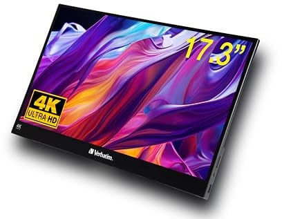 Verbatim Portable Touchscreen Monitor 4K, mobiler 17,3 Bildschirm, tragbarer HRD Screen für Laptop, Tablet, Smartphone, PS5 oder Nintendo Switch mit USB-C- und HDMI-Anschluss, schwarz