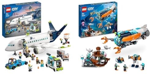 LEGO City Passagierflugzeug Spielzeug-Set & City Forscher-U-Boot Spielzeug, Unterwasser-Set