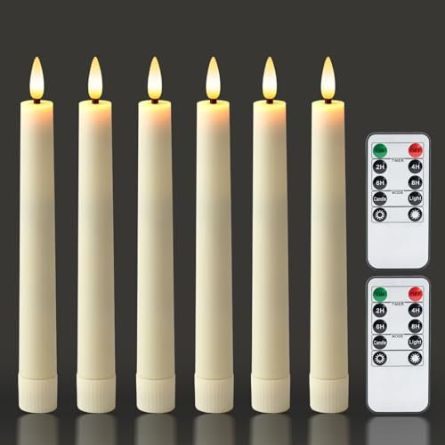 Homemory 6.7 Inches Flameless Taper Candles with Remote Timer Dimmer, Led Flameless Candlesticks Short Taper Candles, Flickering Battery Operated Candlesticks for Xmas Wedding Home Decor, Ivory, 6 Pcs