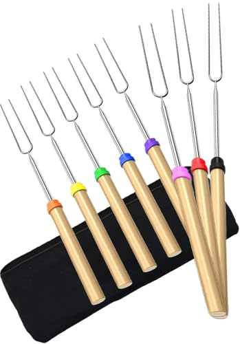 Wenrecu Grillspieße Teleskop Marshmallow, Stockbrot Stöcke Roasting Sticks Schaschlikspieße, Lagerfeuerspieße Edelstahl Ausziehbar, Grillstab, Grillbesteck Set für Camping Grill (8 Farben, Edelstahl)