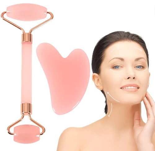 FiTspi Gua-Sha- und Jade-Roller-Set, Rosenquarz-Roller mit Guasha-Stein, Hautpflege-Werkzeuge für Frauen, Gesichtsmassagegerät für Gesicht, Augen, Hals, lindert feine Linien und straffende