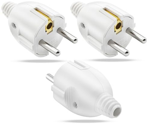 Enchufe Macho 3 Piezas Clavija Enchufe Macho 250 V 10/16A, Enchufe Schuko con Protección Contra Torsión, Enchufe Contacto Protector, Enchufe Tierra, Enchufe Cableado Lateral Blanca